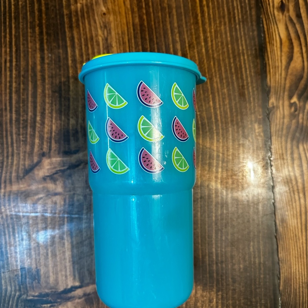 Tupperware Blue Tumbler with Fruit Design
